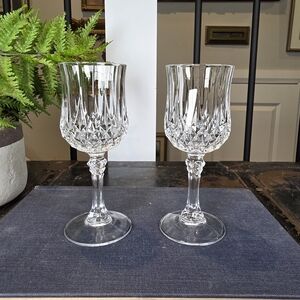 Set of 2 Cut Crystal Water/Wine Goblets 7" | Diamond & Vertical Cut Stemware
